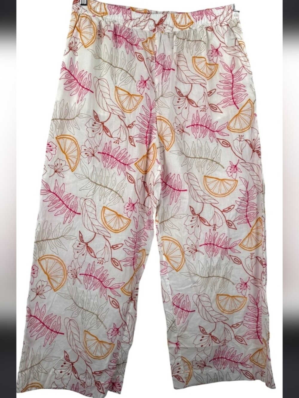 C&C California Lightweight Floral Citrus Pants - White with Pink & Yellow Print